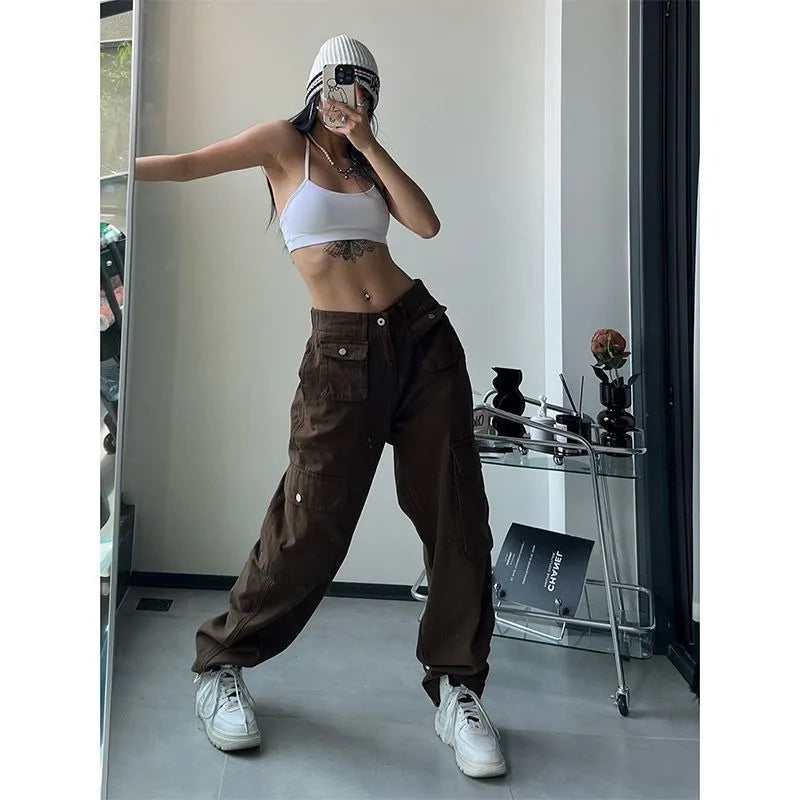 Vintage Cargo Pants Women Gyaru Brown Fashion Baggy Baddies Streetwear Hippie Trousers Casual 90s Aesthetic