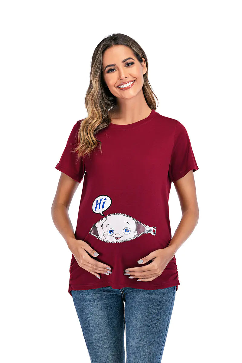 European American Maternity Round Neck Printed T-shirt - # BAGE211510113-PRG