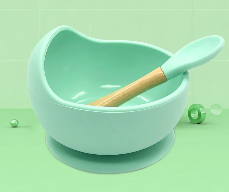 Baby Silicone Feeding Set with Wooden Spoon - # BAGE21110004