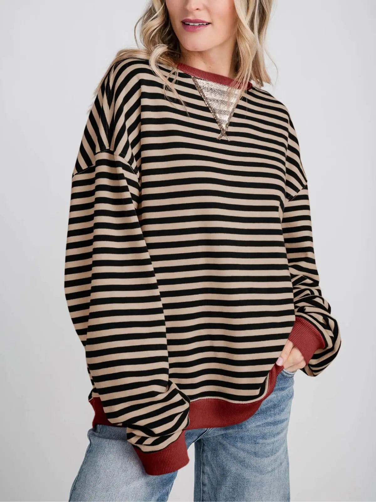 Fisoew Womens Striped Oversized Sweatshirt Color Block Crew Neck Long Sleeve Shirt Casual Loose Pullover Top Y2K Clothes Khaki XX-Large - # WOAA21510020-PRG