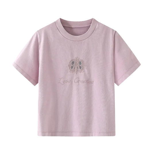 Cute Girl Printed Short Sleeve T-Shirt with Lace Collar - # GIAA23510018
