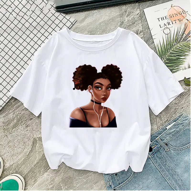 African Girl Print Short Sleeve T-Shirt for Girl and Women - # GIAA23510016