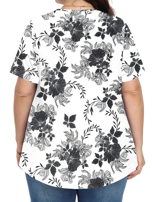 Womens Plus Size Tops Summer Blouses Tunic Short Sleeve Dressy Casual Loose Shirts 1X-5X White Ink Flower X-Large - # WOAA21510015-PRG