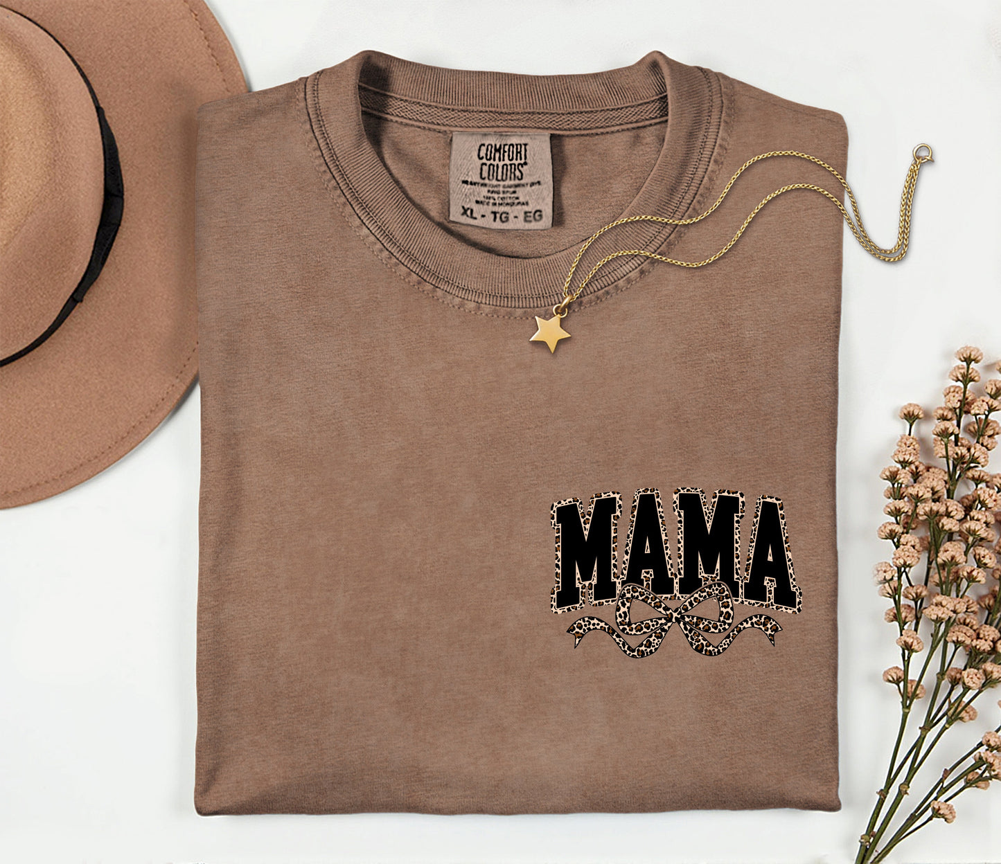 Mama Leopard Ribbon Comfort Colors T Shirt (Left Chest)