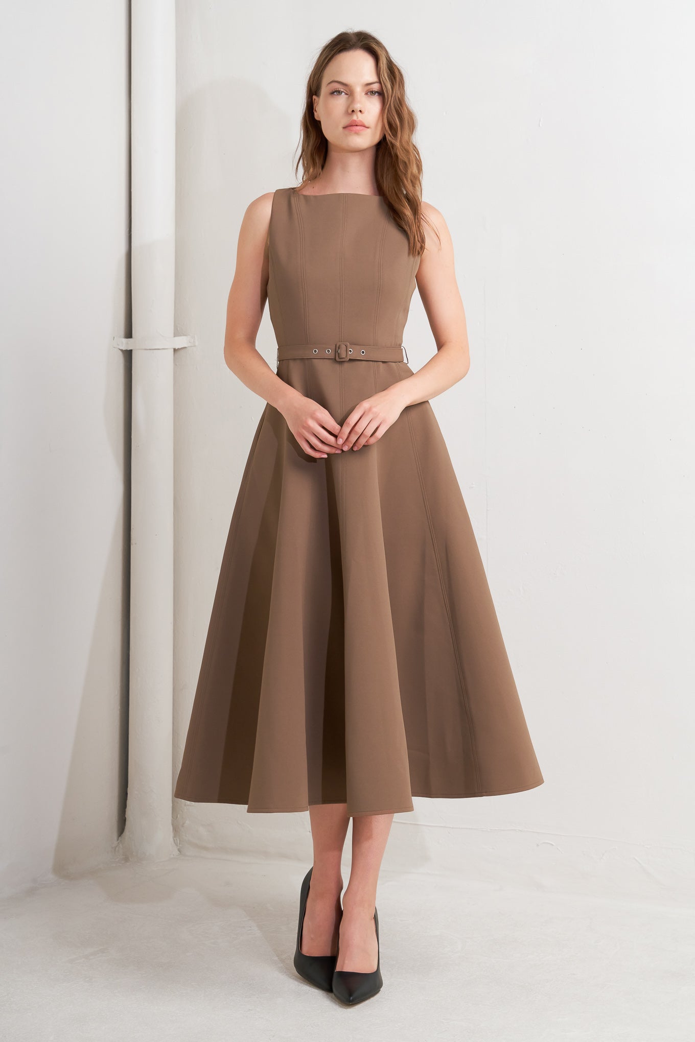 LIVING THE DREAM BROWN WOVEN MIDI DRESS