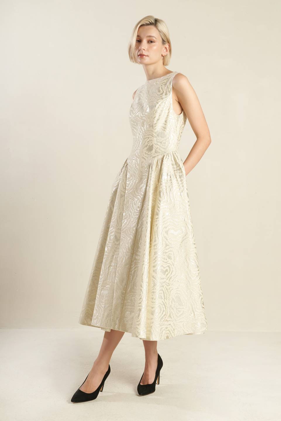 CHECK YOURSELF CHAMPAGNE WOVEN MIDI DRESS