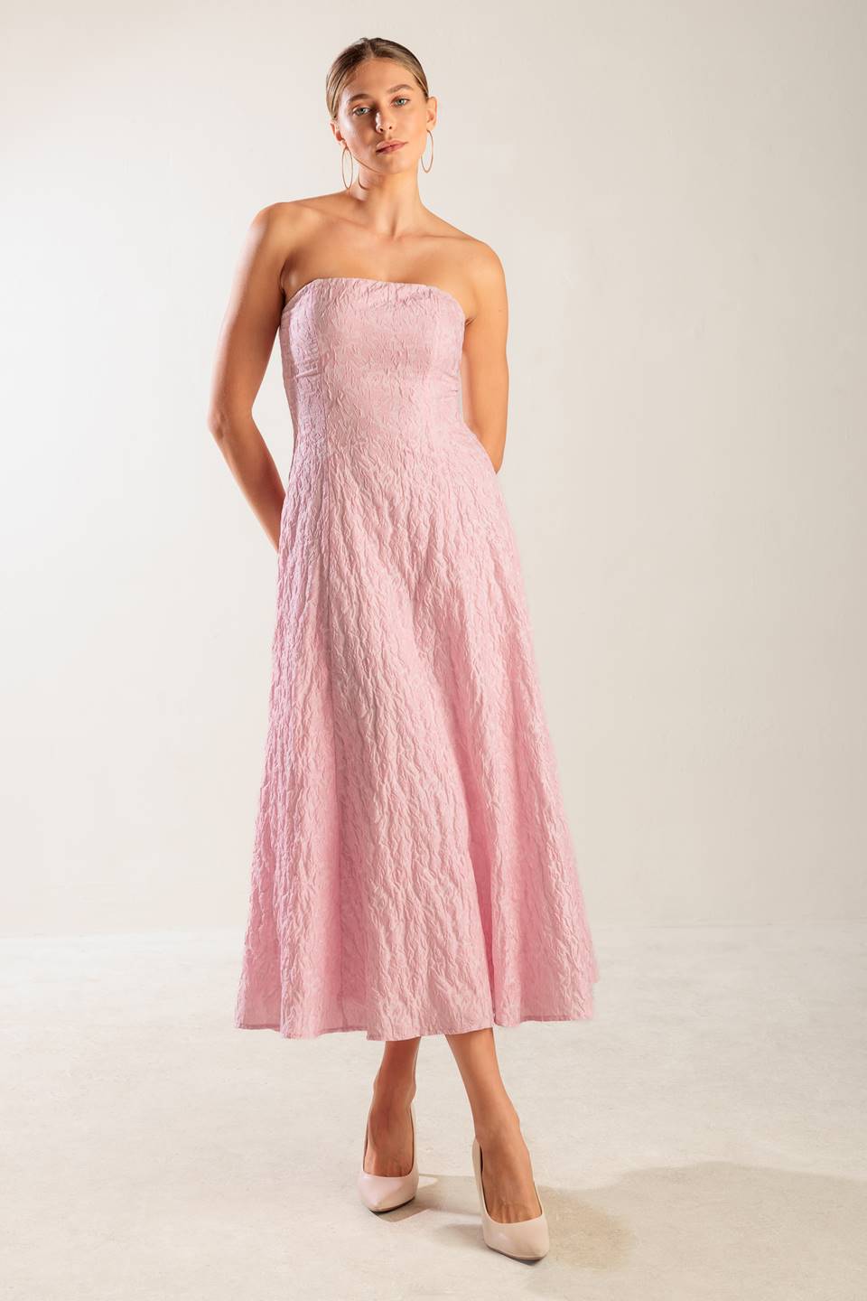 ROLL WITH IT PINK WOVEN MIDI DRESS