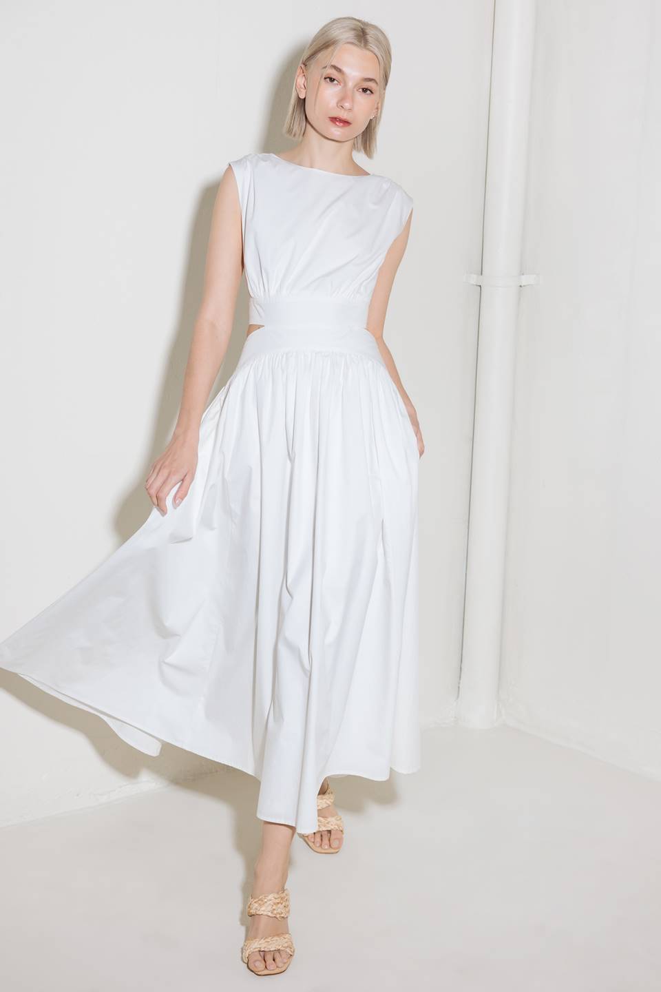 CHASING PEACE IN WHITE WOVEN MIDI DRESS