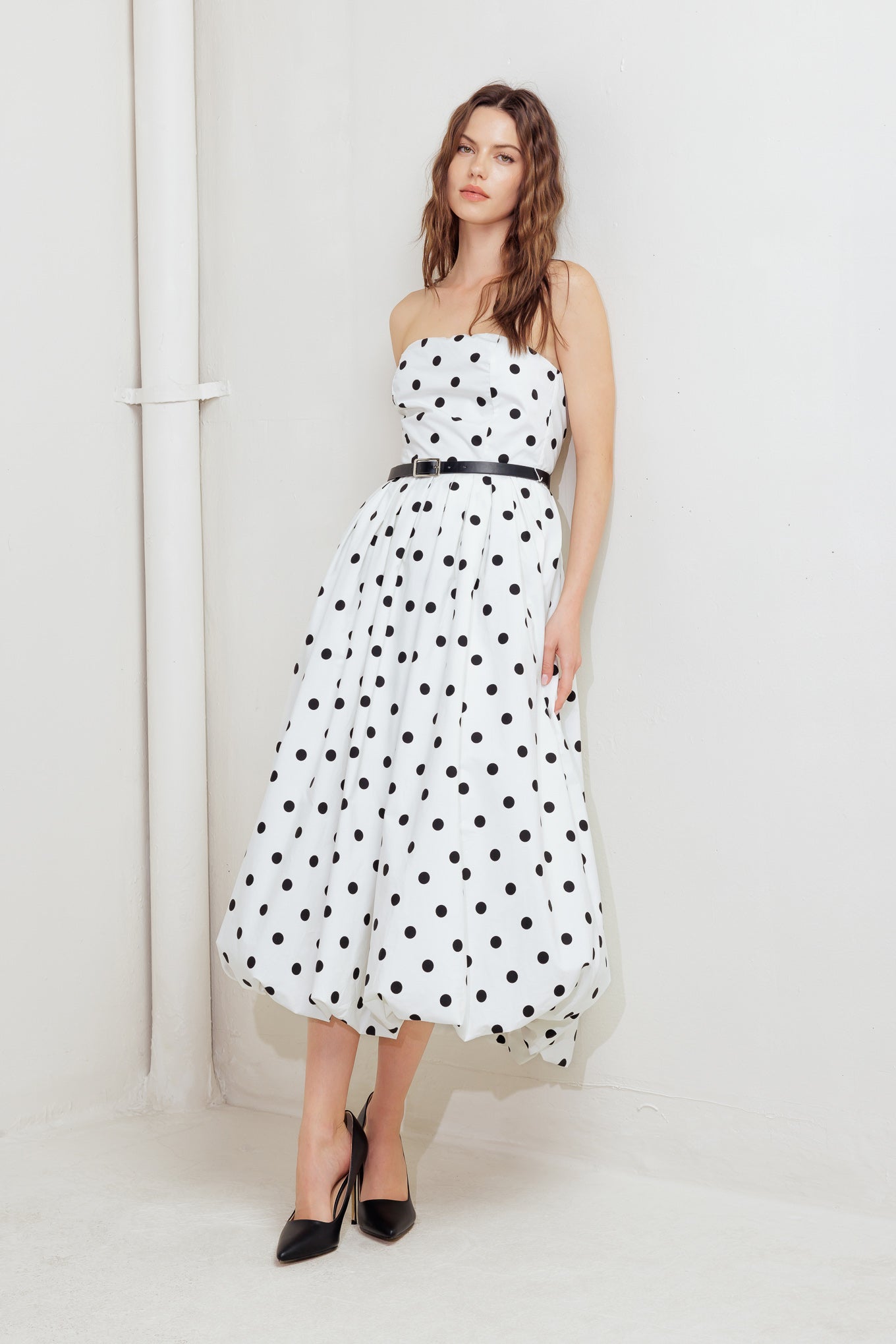 MONROE DOT WHITE WOVEN MIDI DRESS