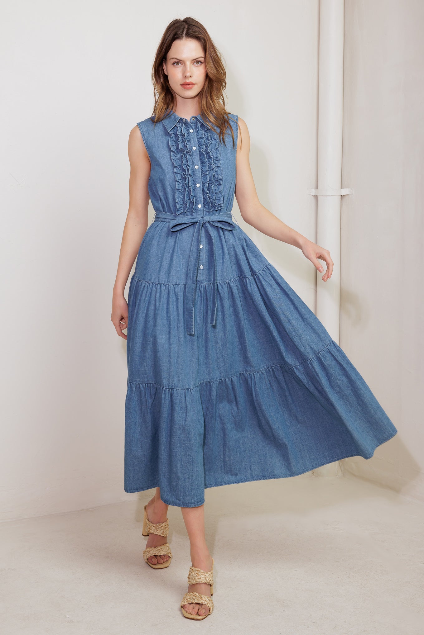 PETALS FALLING SLOWLY DENIM MIDI DRESS