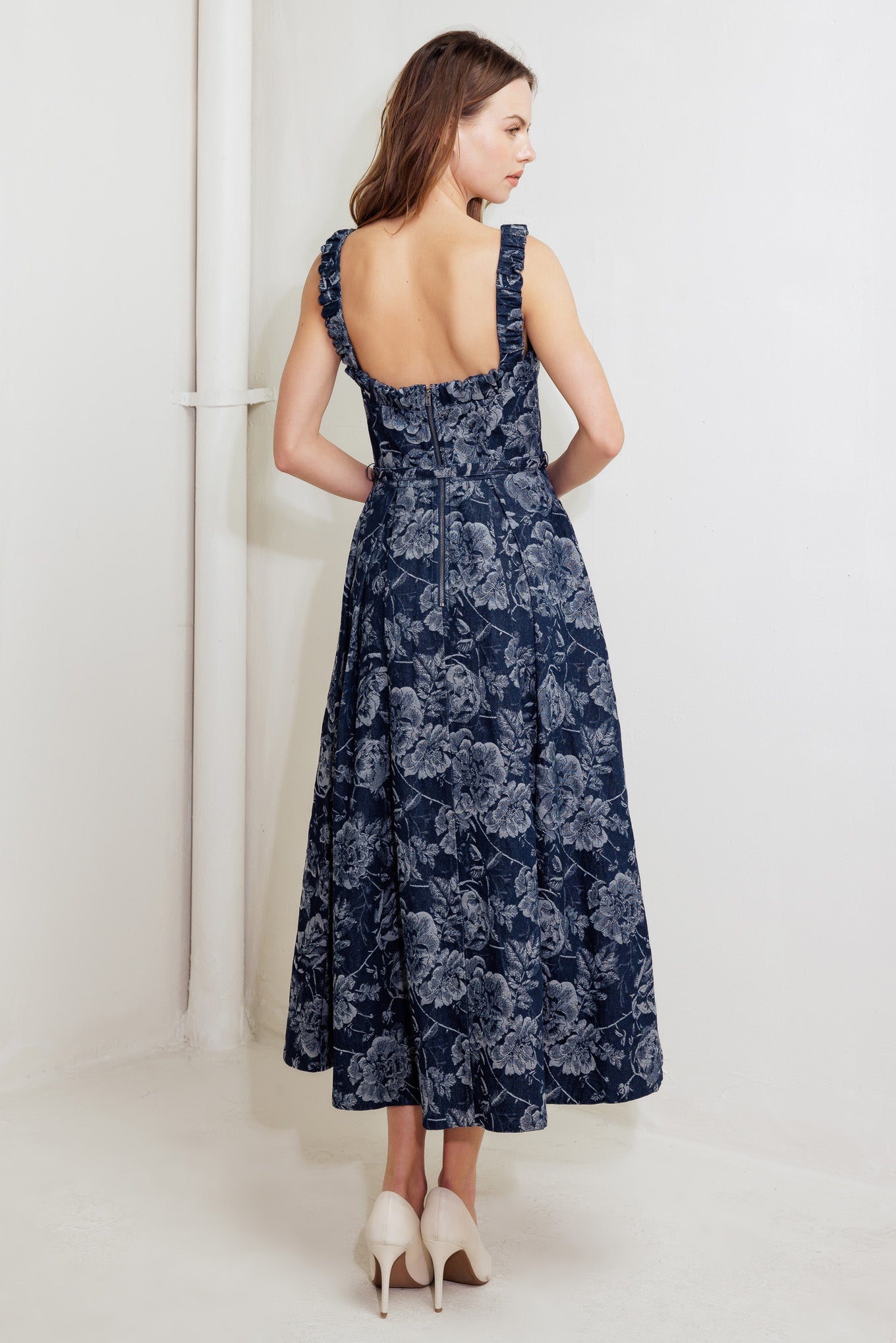 DUSK ROSE WOVEN DENIM MIDI DRESS