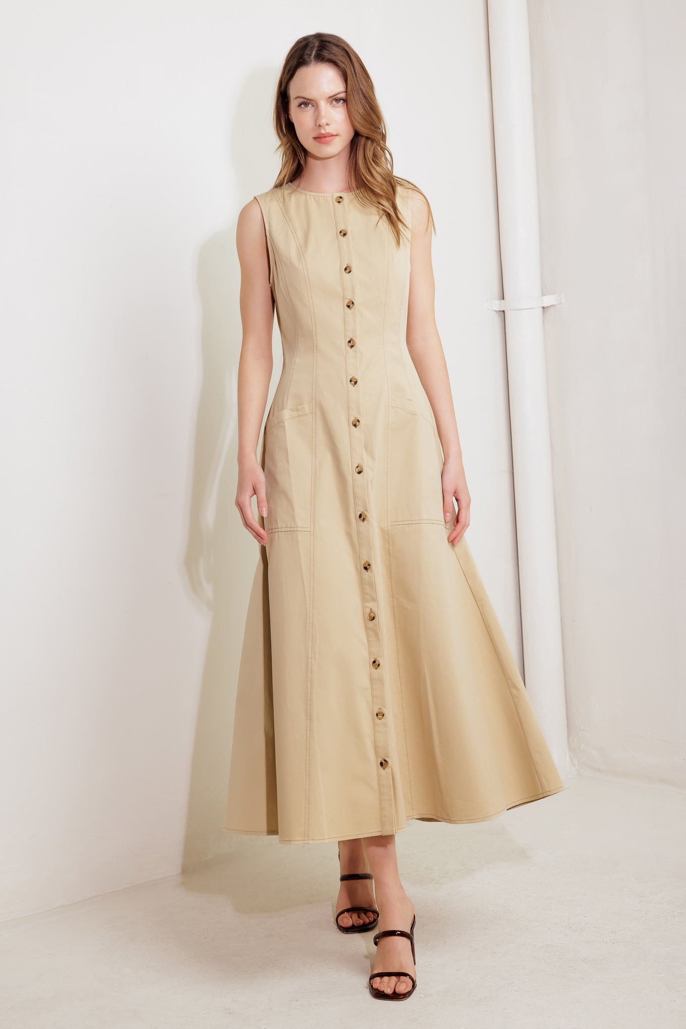 NATURE’S GENTLE SONG BEIGE WOVEN MIDI DRESS