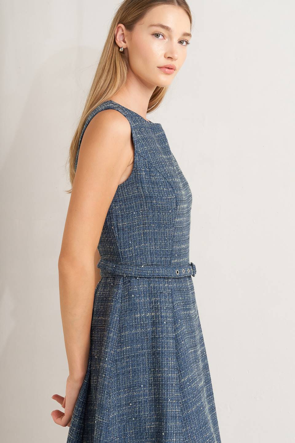 VINTAGE VIBE BOUCLÉ WOVEN TWEED MIDI DRESS