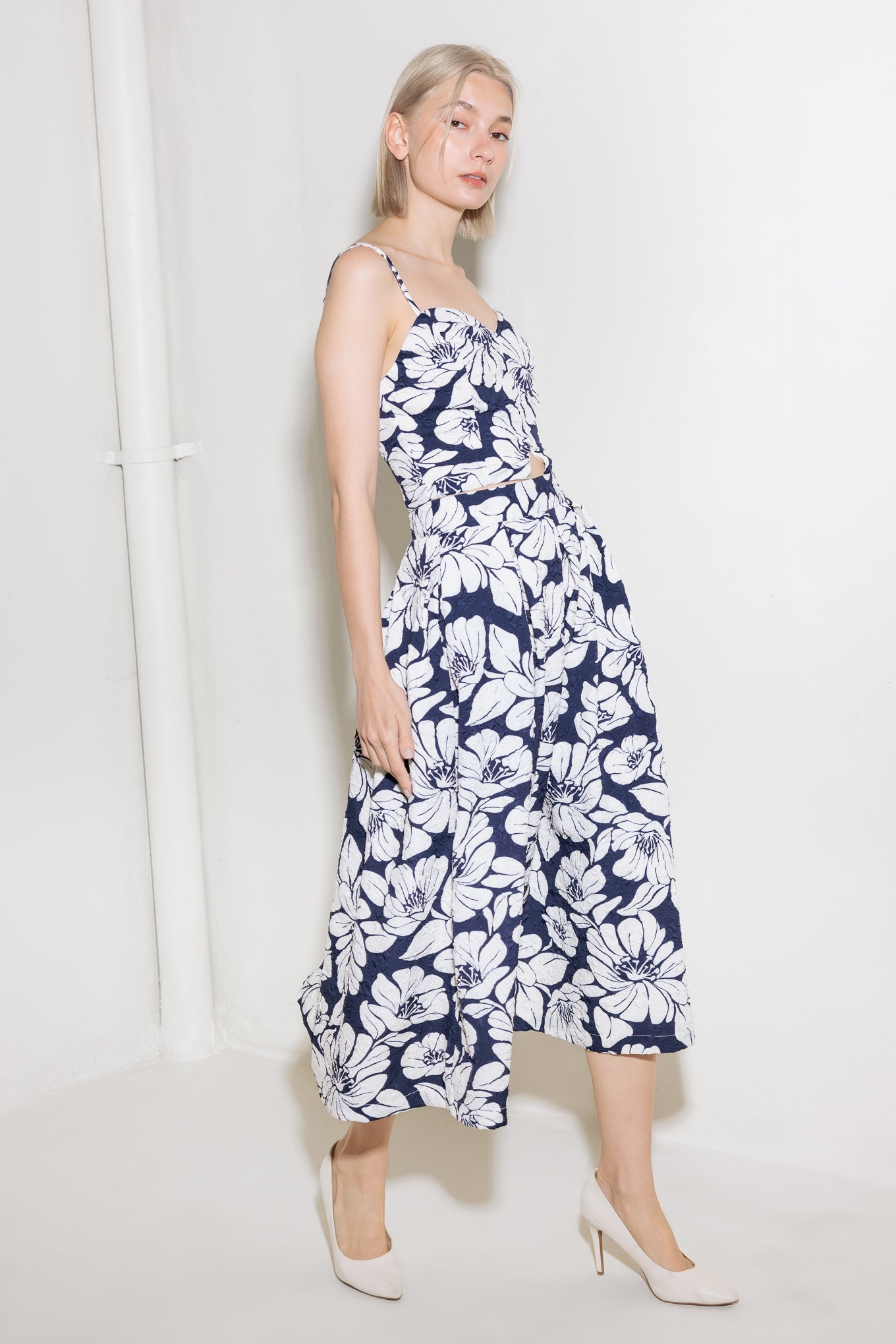 PLAIN OPTIMISM NAVY WOVEN MIDI SKIRT