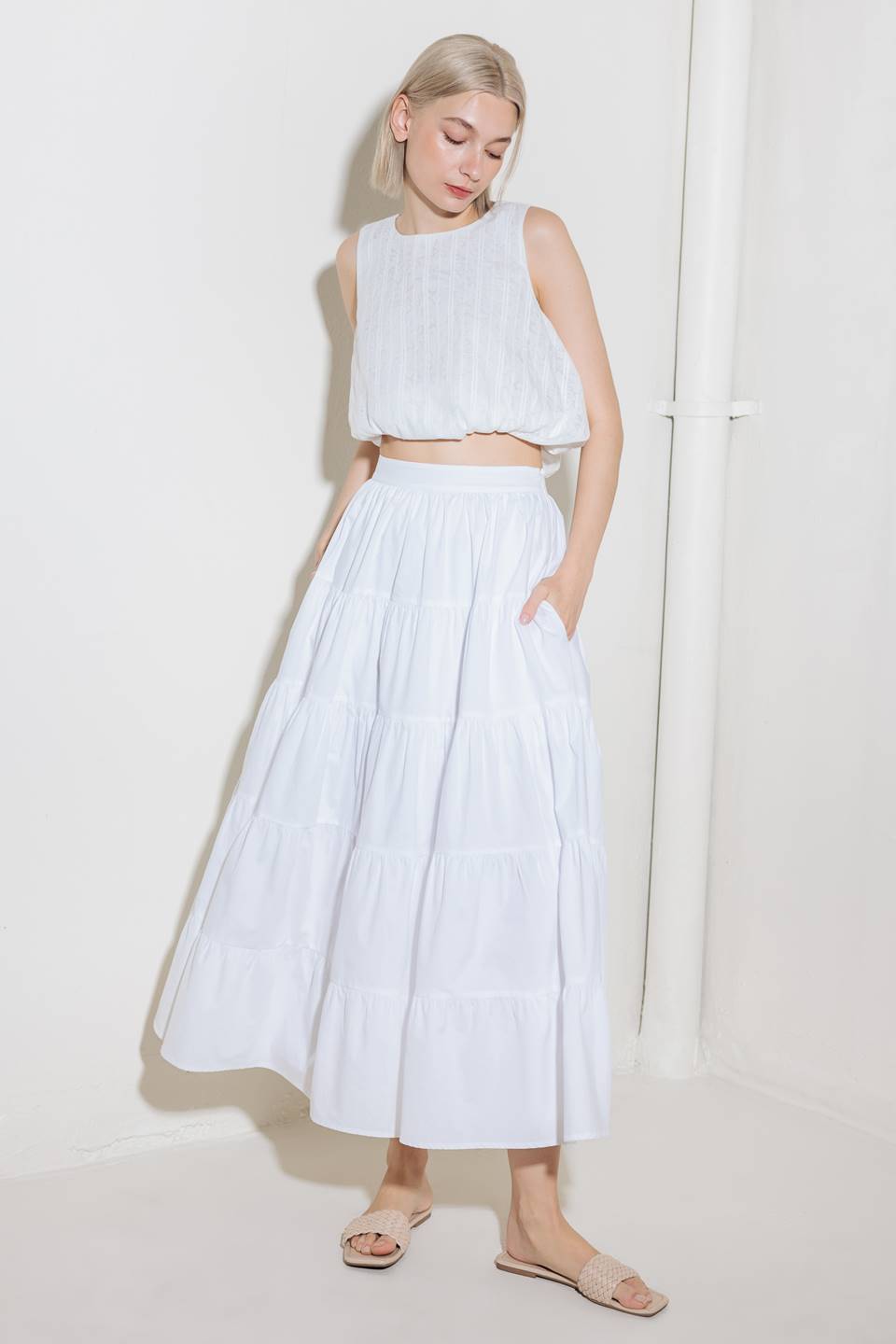 SIMPLY SPELLBOUND WHITE WOVEN FULL MIDI SKIRT