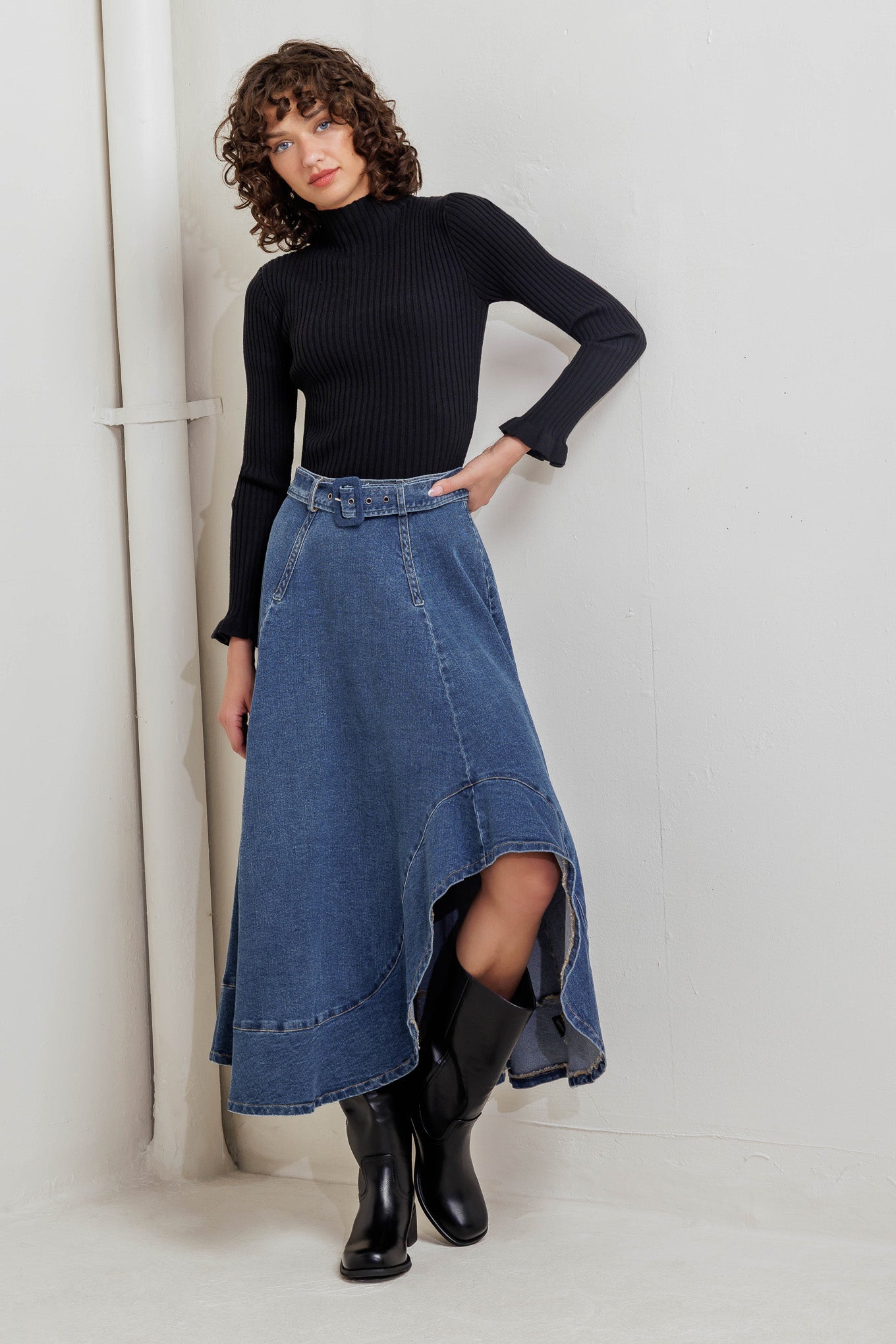 COWBOY CURVE DENIM MIDI SKIRT