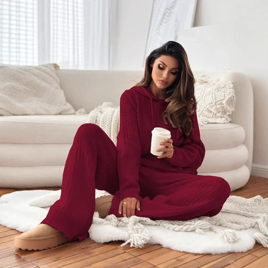 Solid Color Hooded Knitted Lounge Set for Women – Autumn Winter Two-Piece Outfit - # GIAA23910007
