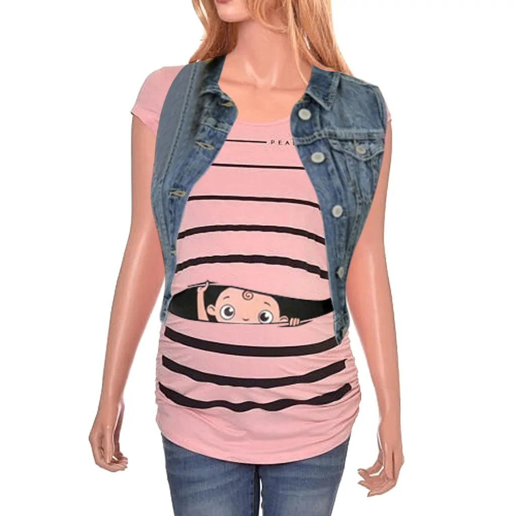 Sweet Cartoon Striped Maternity Summer T-shirt - # WOAA21510010-PRG