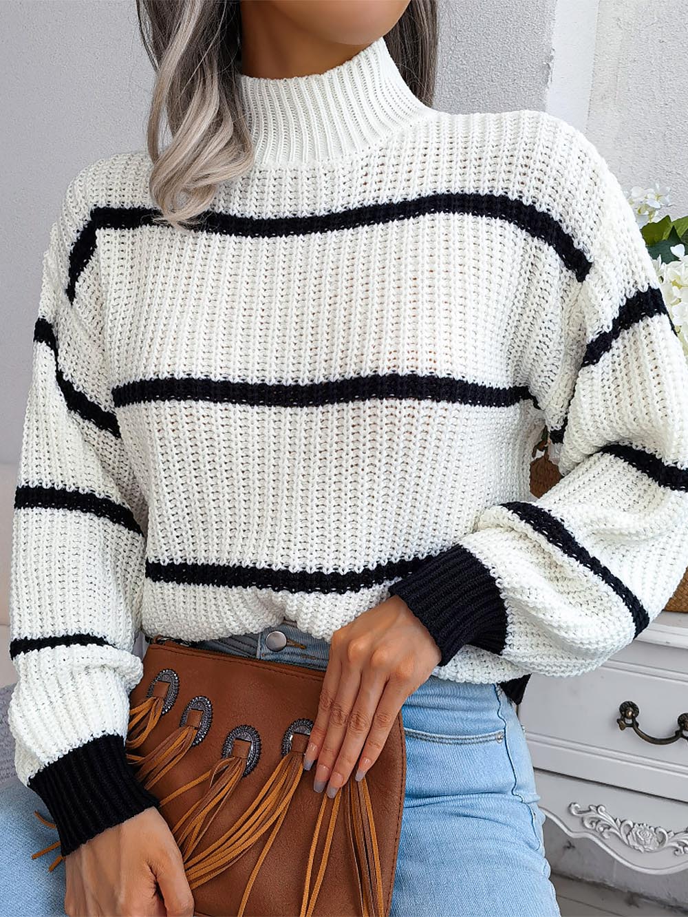 Frenchy Striped Mock Neck Sweater | NCS