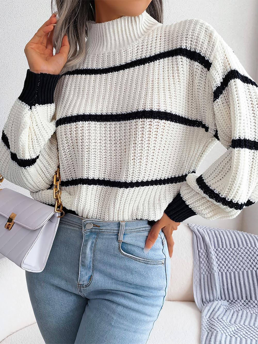 Frenchy Striped Mock Neck Sweater | NCS