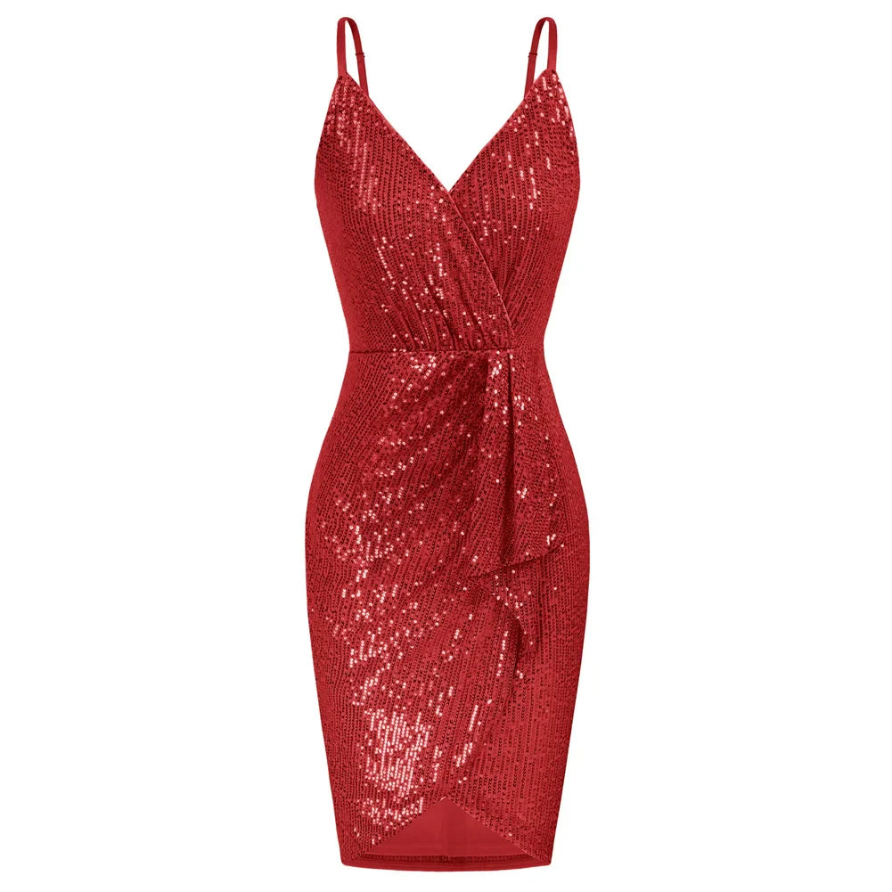 Women Sequined Party Dress Sleeveless Slim Fit Ruched Wrap Hem V-Neck Above Knee Spaghetti Straps Hips-wrapped Dress