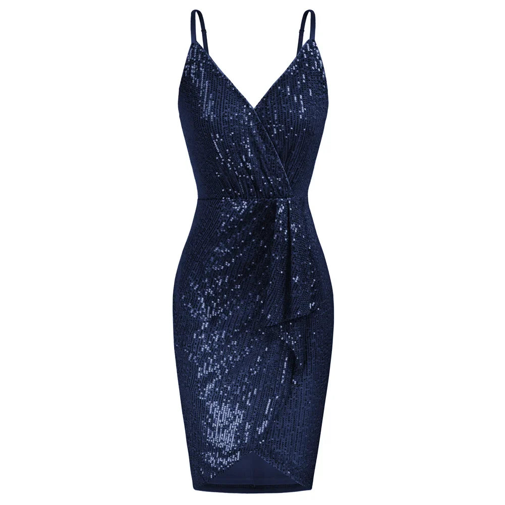 Women Sequined Party Dress Sleeveless Slim Fit Ruched Wrap Hem V-Neck Above Knee Spaghetti Straps Hips-wrapped Dress