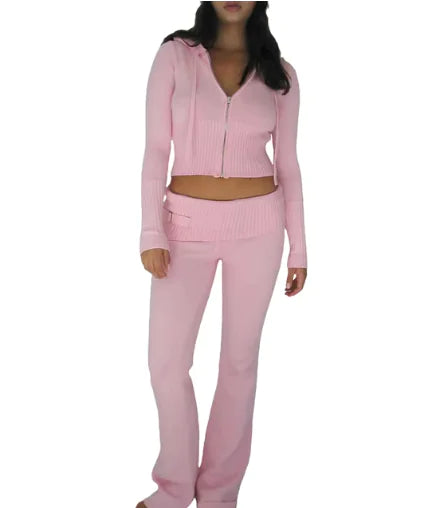 Knitted Hooded Two-Piece Set - # GIAA23310008