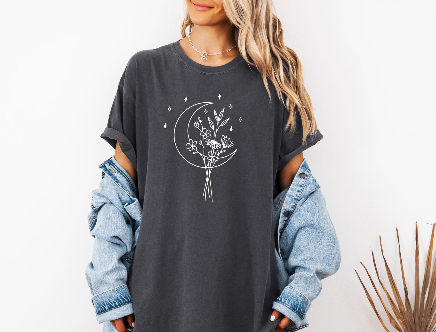 Flower and Moon Nature botanical Garment Dyed T Shirt