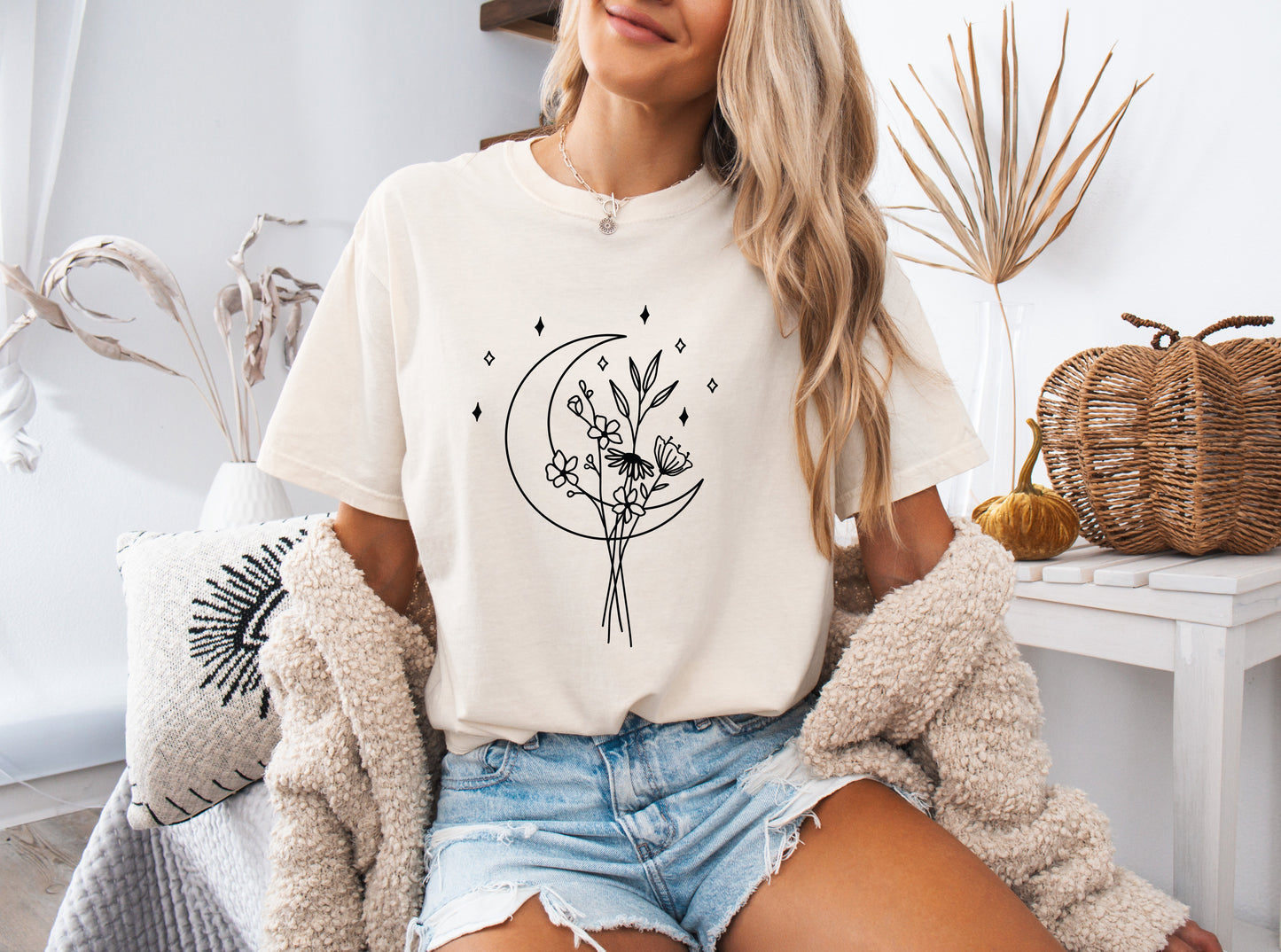 Flower and Moon Nature botanical Garment Dyed T Shirt