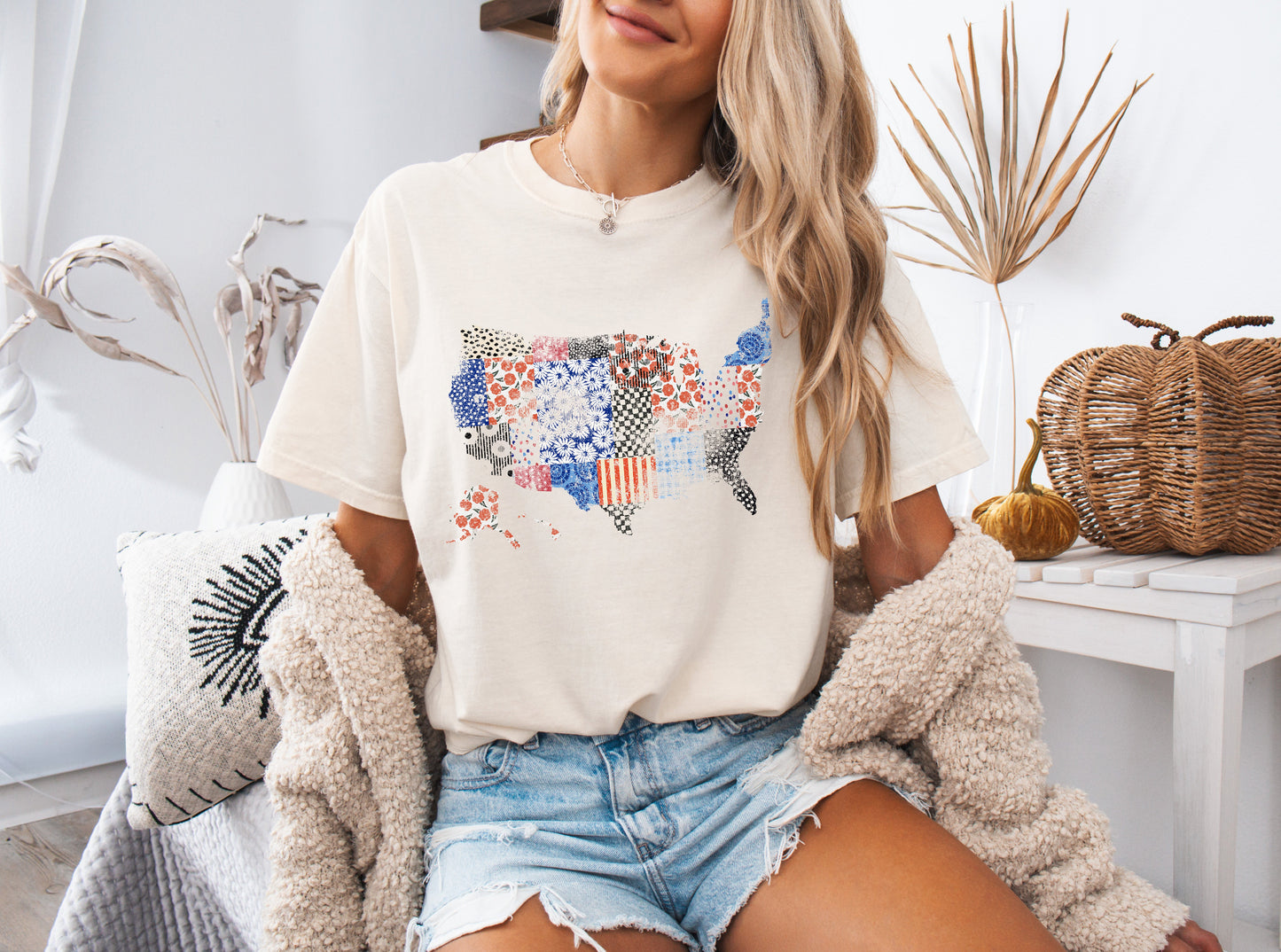 America map USA map Flag flower Garment Dyed T Shirt