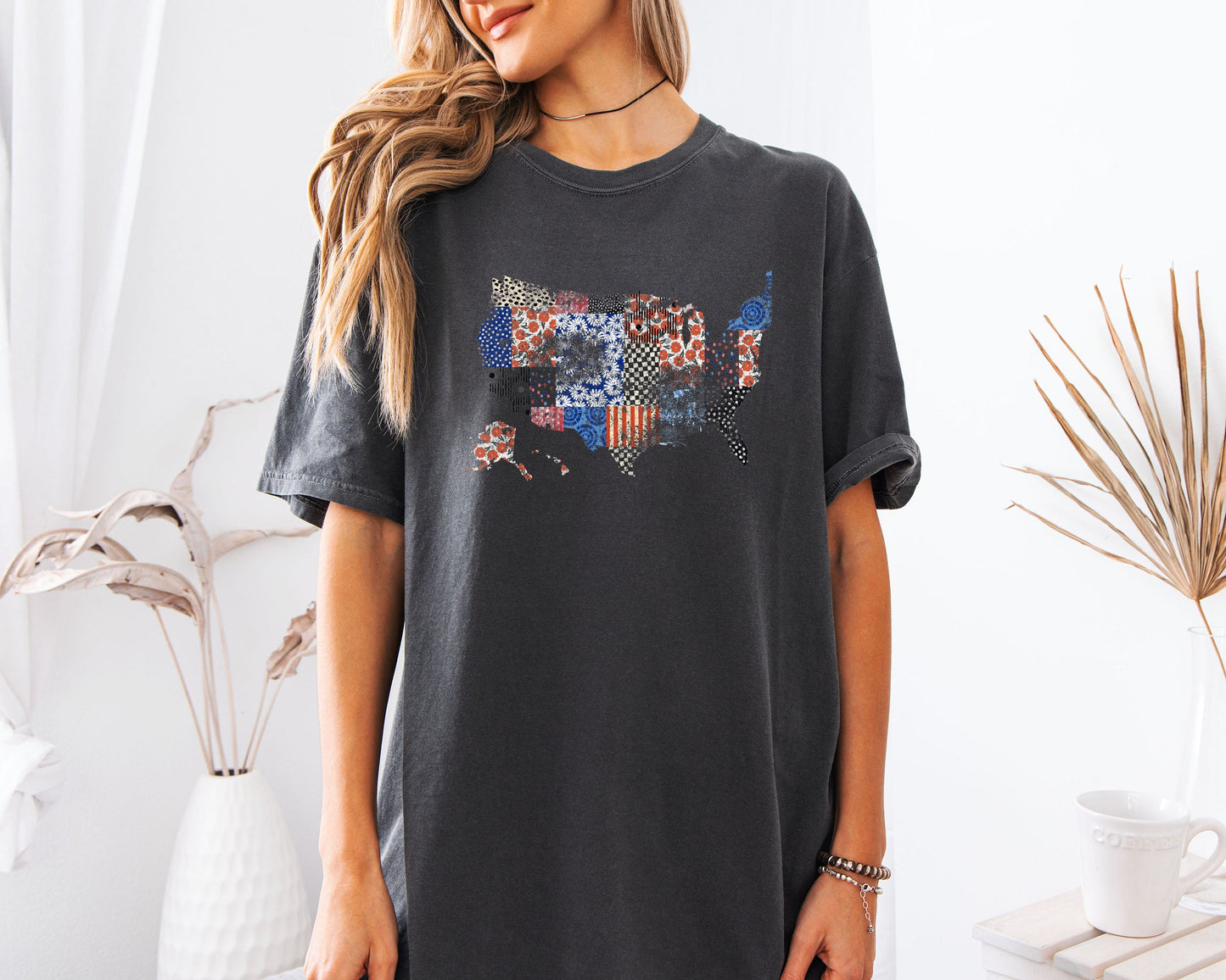 America map USA map Flag flower Garment Dyed T Shirt