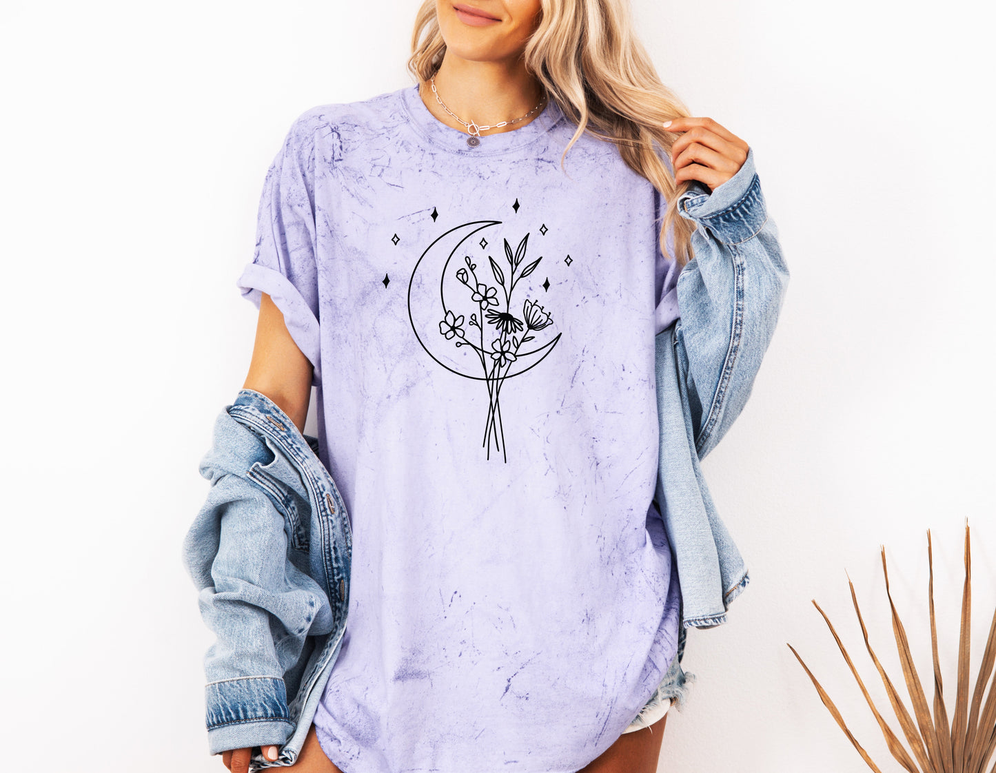 Flower and Moon Nature botanical Garment Dyed T Shirt