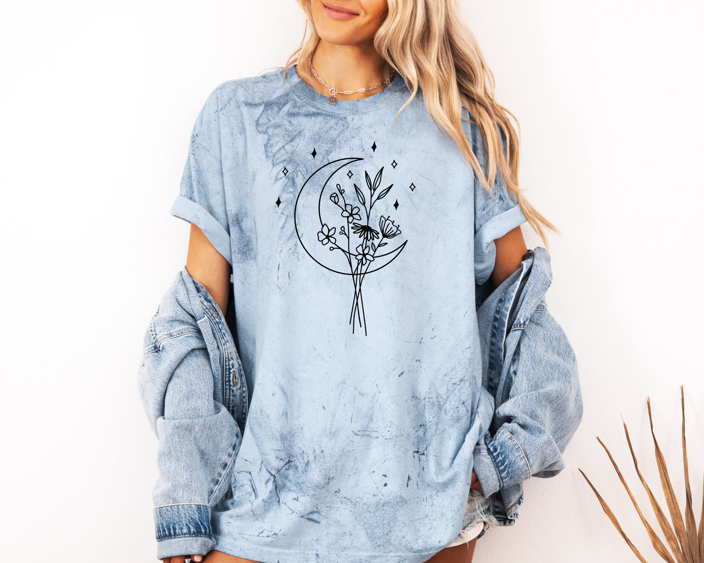 Flower and Moon Nature botanical Garment Dyed T Shirt