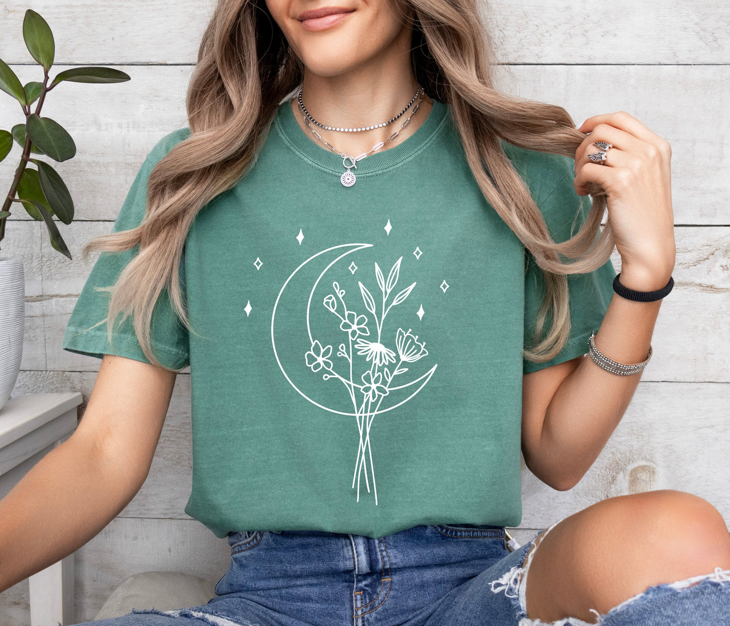 Flower and Moon Nature botanical Garment Dyed T Shirt