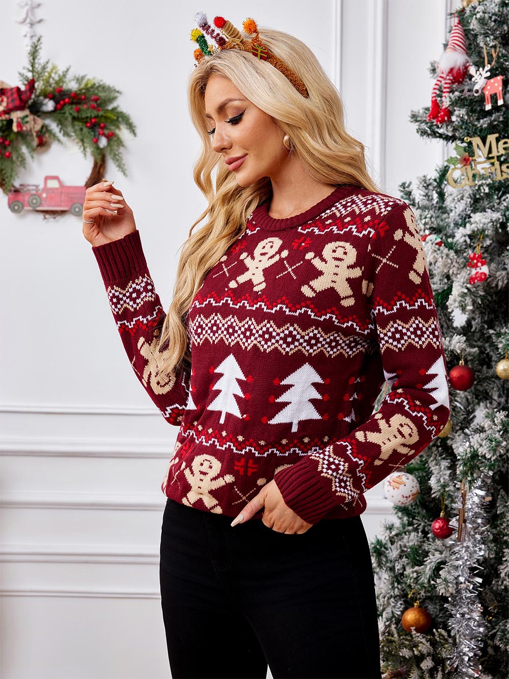 Gingerbread Pattern Long Sleeve Pullover Casual Ugly Christmas Sweater | NCS