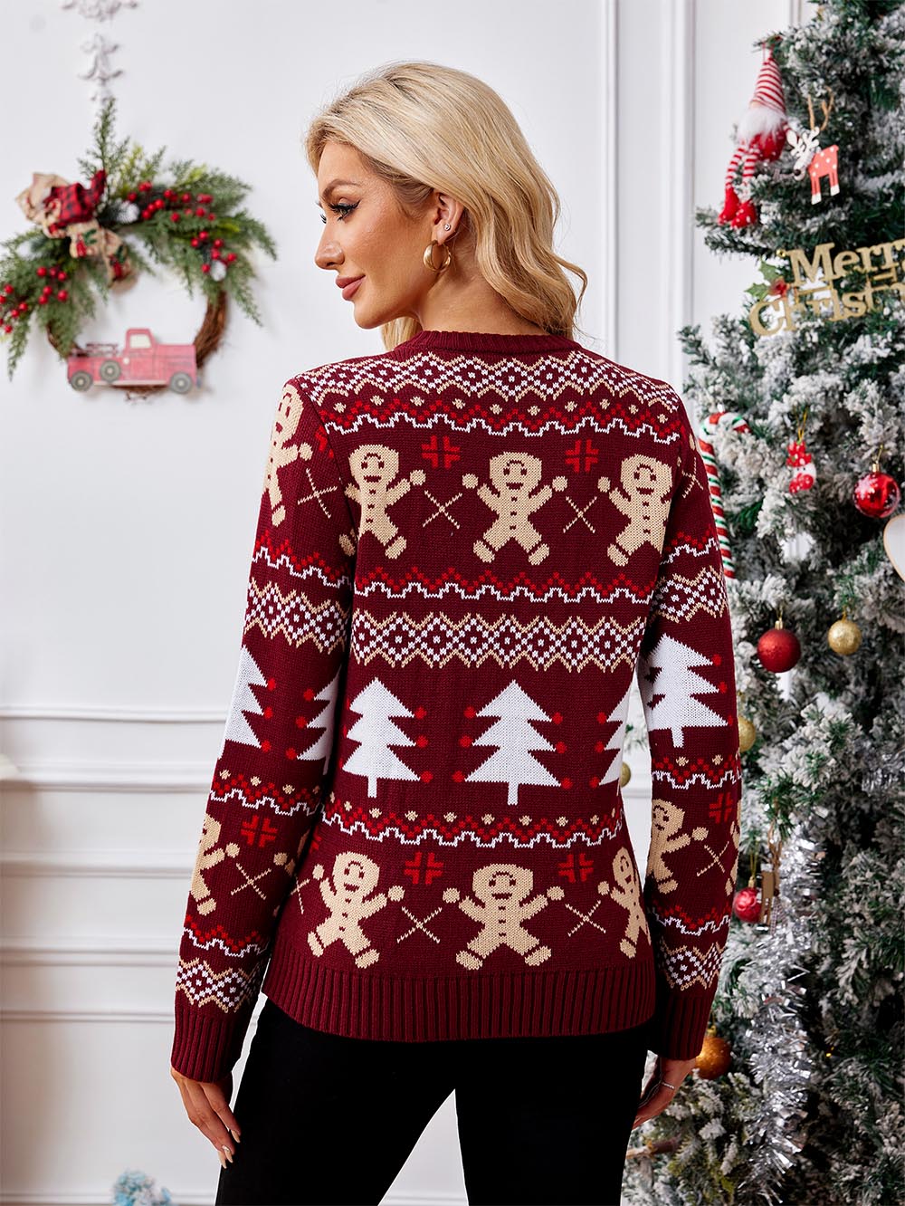 Gingerbread Pattern Long Sleeve Pullover Casual Ugly Christmas Sweater | NCS