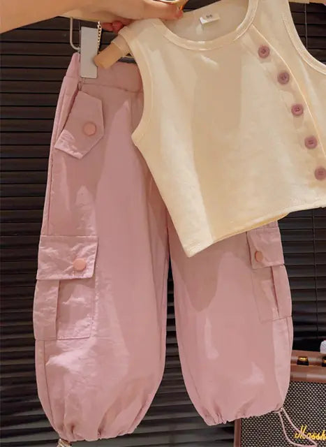 Summer Baby Girl Fashion T-Shirt and Cargo Pants Set - # GIAA212310017