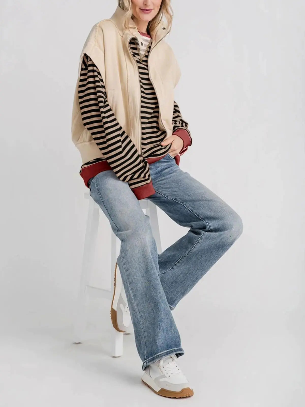 Fisoew Womens Striped Oversized Sweatshirt Color Block Crew Neck Long Sleeve Shirt Casual Loose Pullover Top Y2K Clothes Khaki XX-Large - # WOAA21510020-PRG