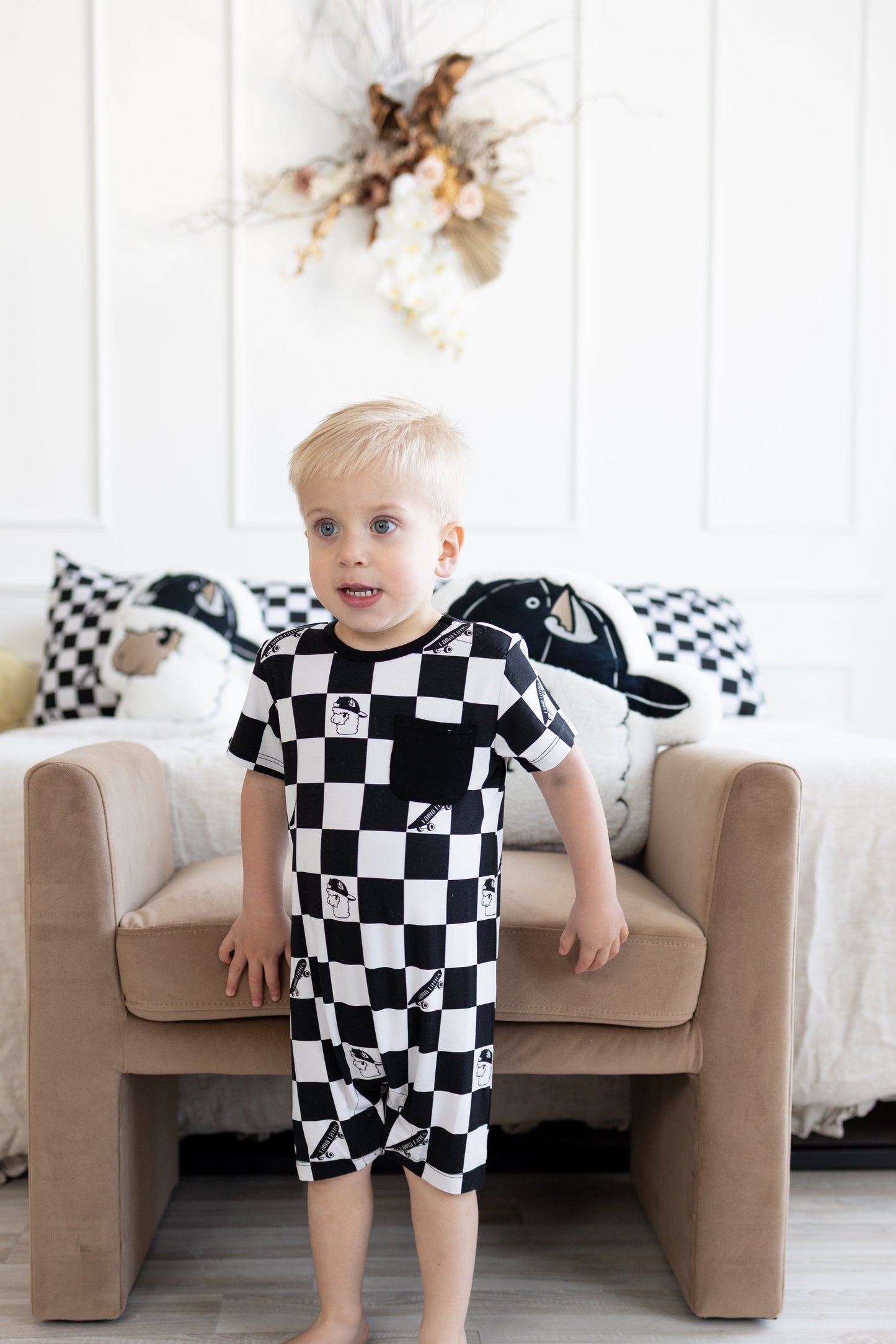Checkered Llamas Shortie Romper