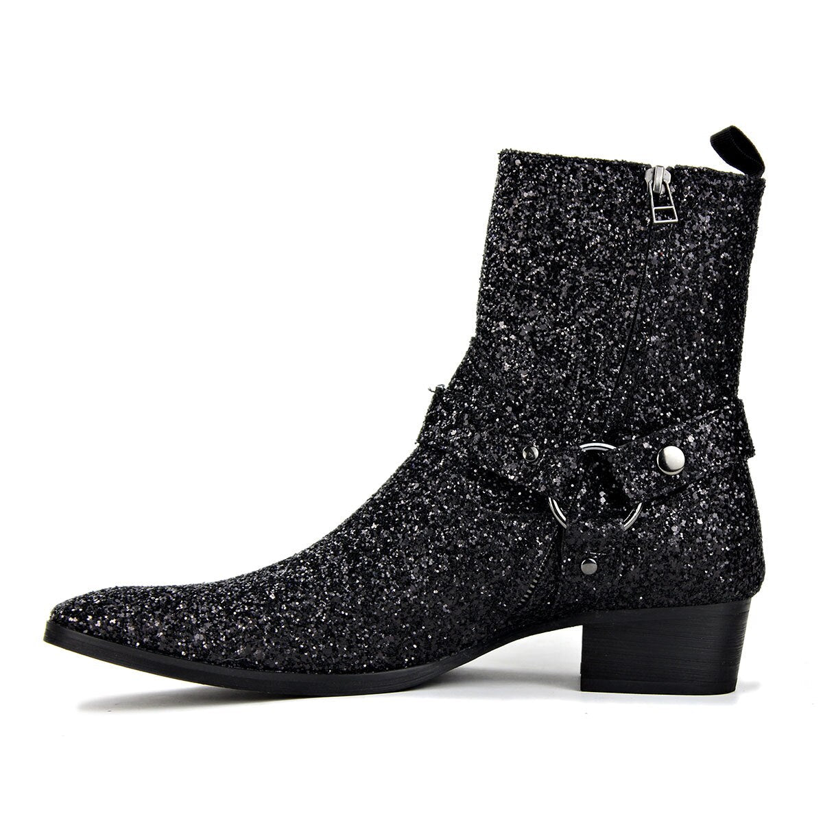 OSSTONE Shimmering Black High-heeled Chelsea Boot