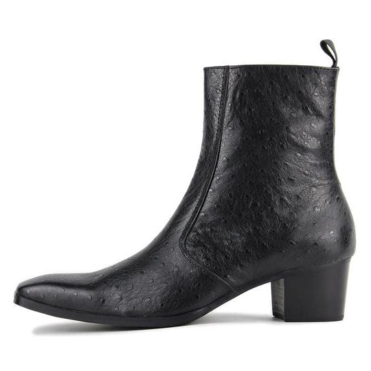 Calfskin Heel Ostrich-Print Chelsea Boots