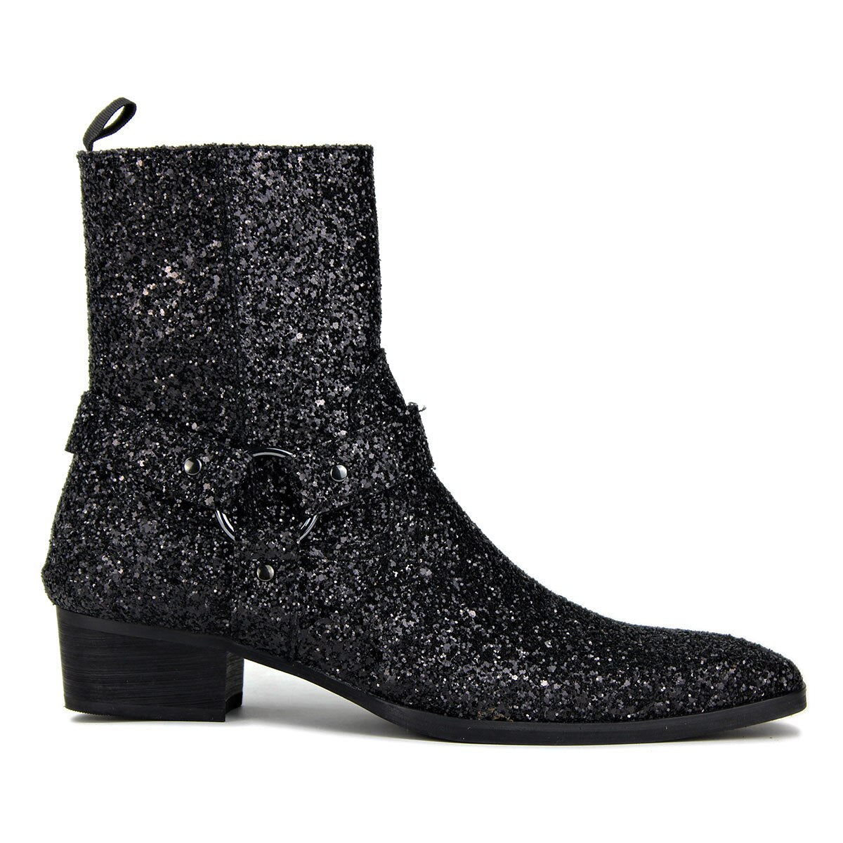 OSSTONE Shimmering Black High-heeled Chelsea Boot