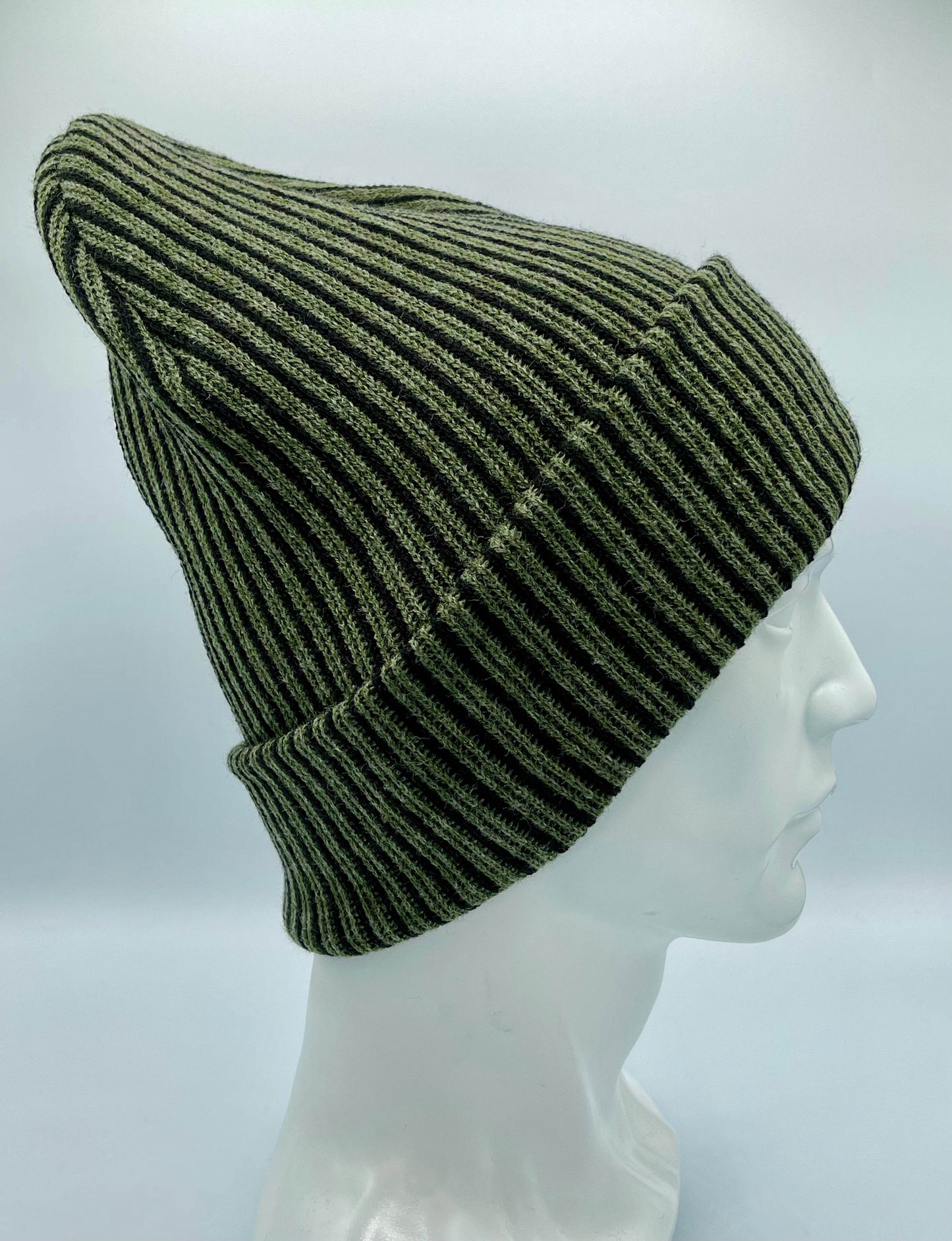 HAAKWEAR Cuffed Wide Ribbed Striped Beanie / Hat, Black / Green, Limited Edition - Made in USA