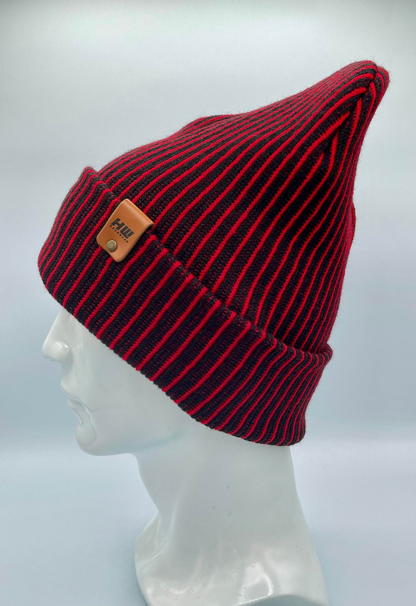 HAAKWEAR Cuffed Wide Ribbed Striped Beanie / Hat, Black / Red, Limited Edition - Made in USA