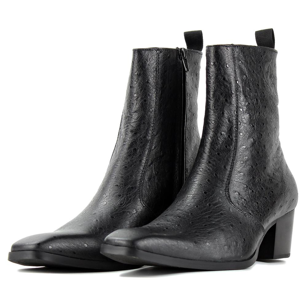 Calfskin Heel Ostrich-Print Chelsea Boots