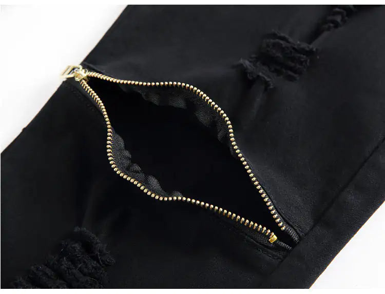 Zippered Holes Elastic Trend Denim Pants - # BOAA13410009