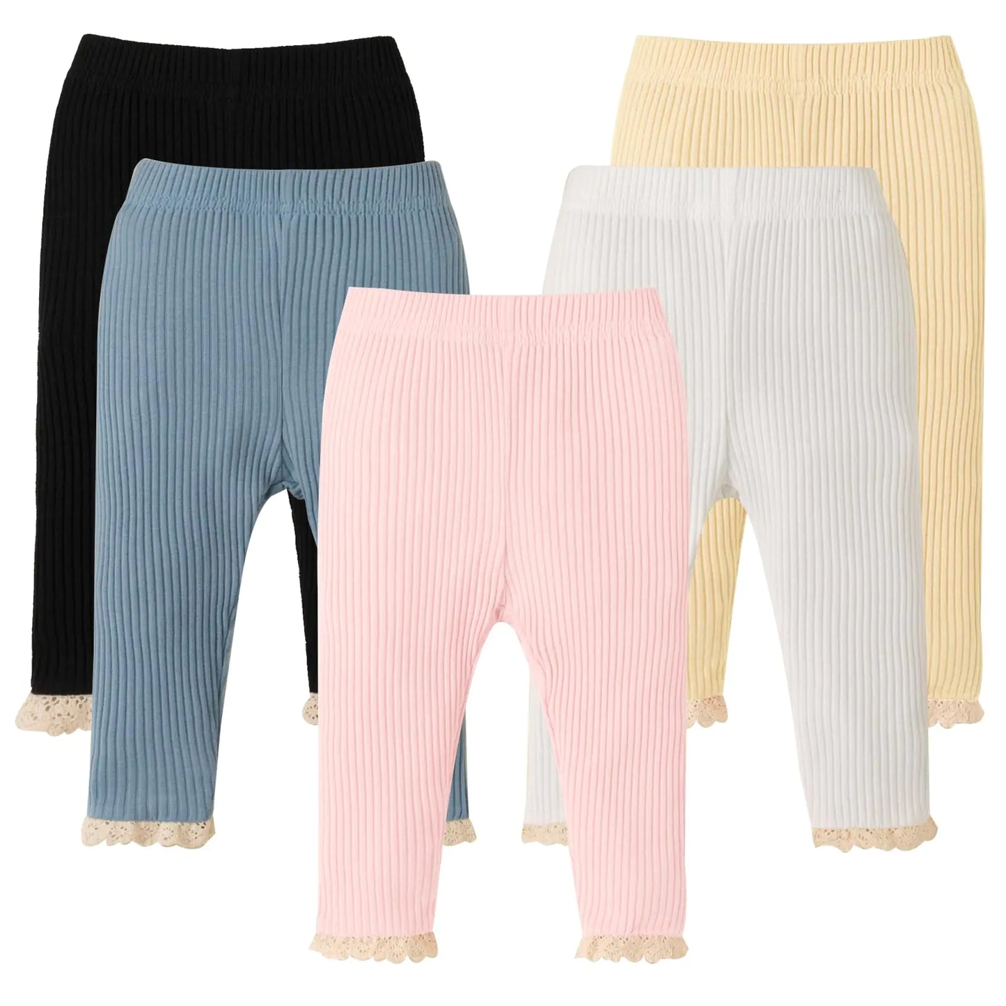 DREAM BUS 5 Pack Baby Girl Pants Toddler Girl Solid Ribbed Pants with Lace Trim Newborn Cotton Leggings Infant Jogger Pants - # BAAA1B1510004
