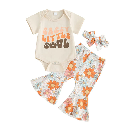 Newborn Baby Girl Summer Outfits Sassy Little Soul Romper Boho Floral Flared Pants Headband 3Pcs Clothes Set (A-Apricot 0-3 Months) - BAAA51210013