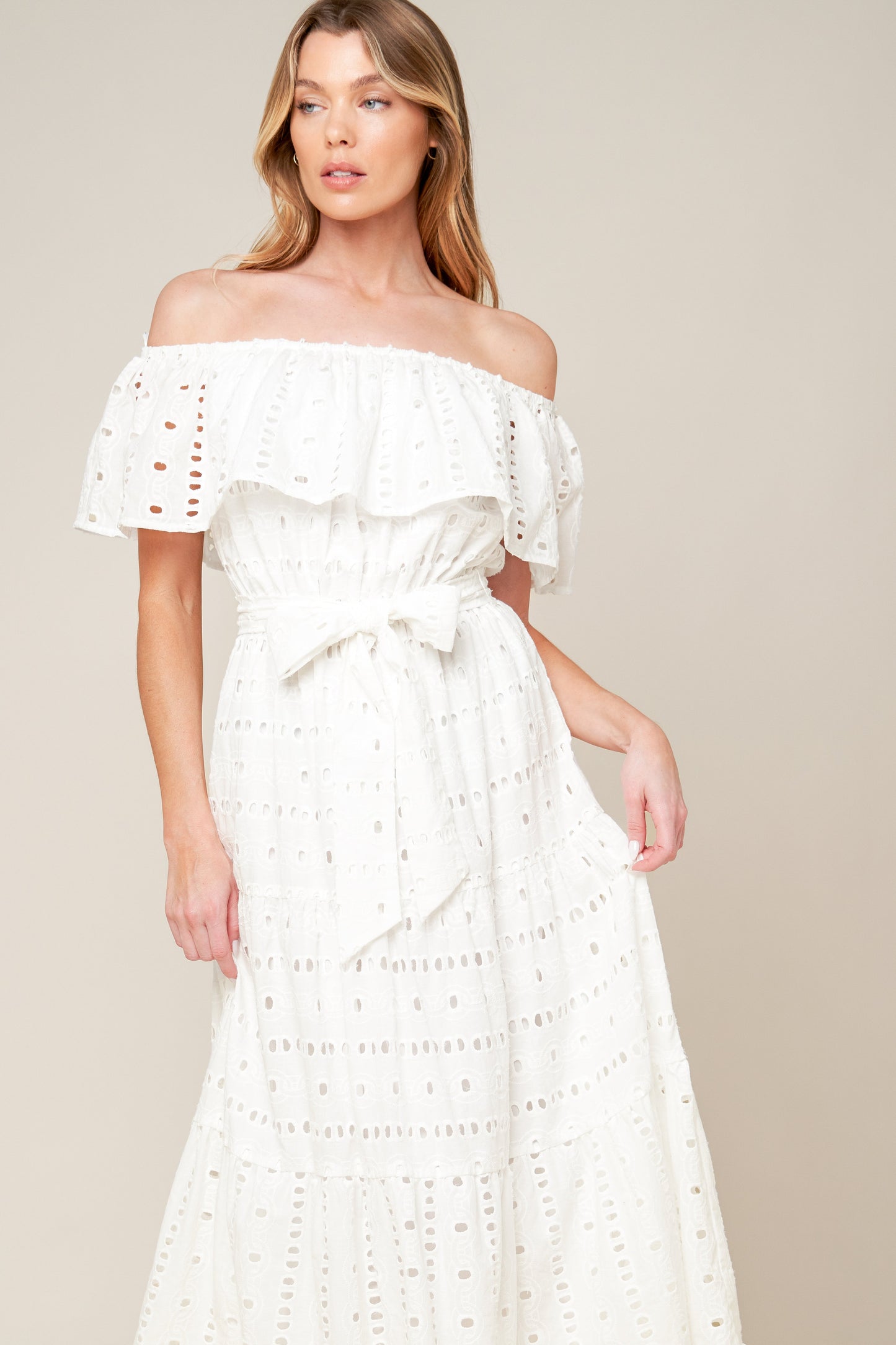 CATCHING MY BREATH EYELET MIDI DRESS