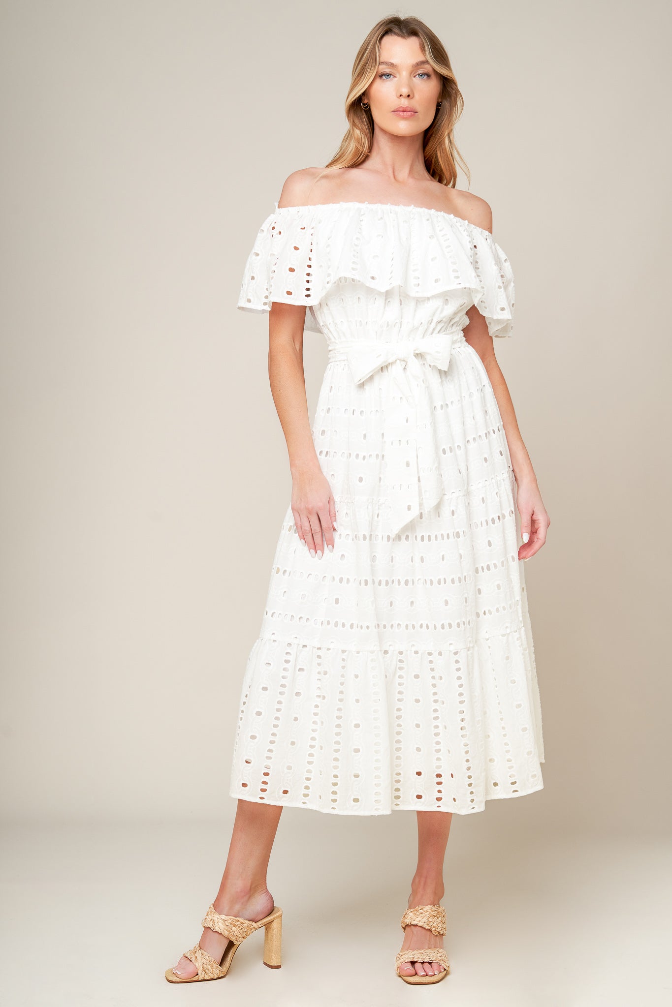 CATCHING MY BREATH EYELET MIDI DRESS